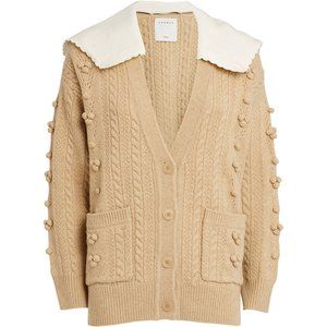 NEW Sandro Ingrid Contrast-Collar Pom-Pom Wool Cardigan Women NWOT